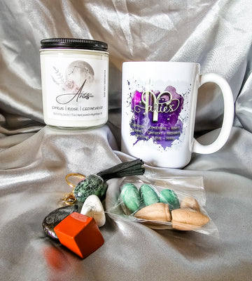 Aries zodiac candle gift set with mug, tumbled rocks and incense cones